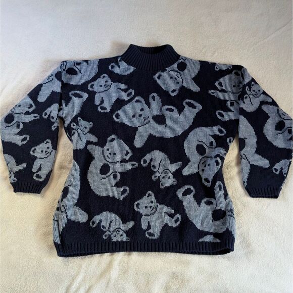 Vintage Teddy Bear Turtleneck Sweater Women's XL/1X Navy Blue All Over Print - Picture 2 of 6